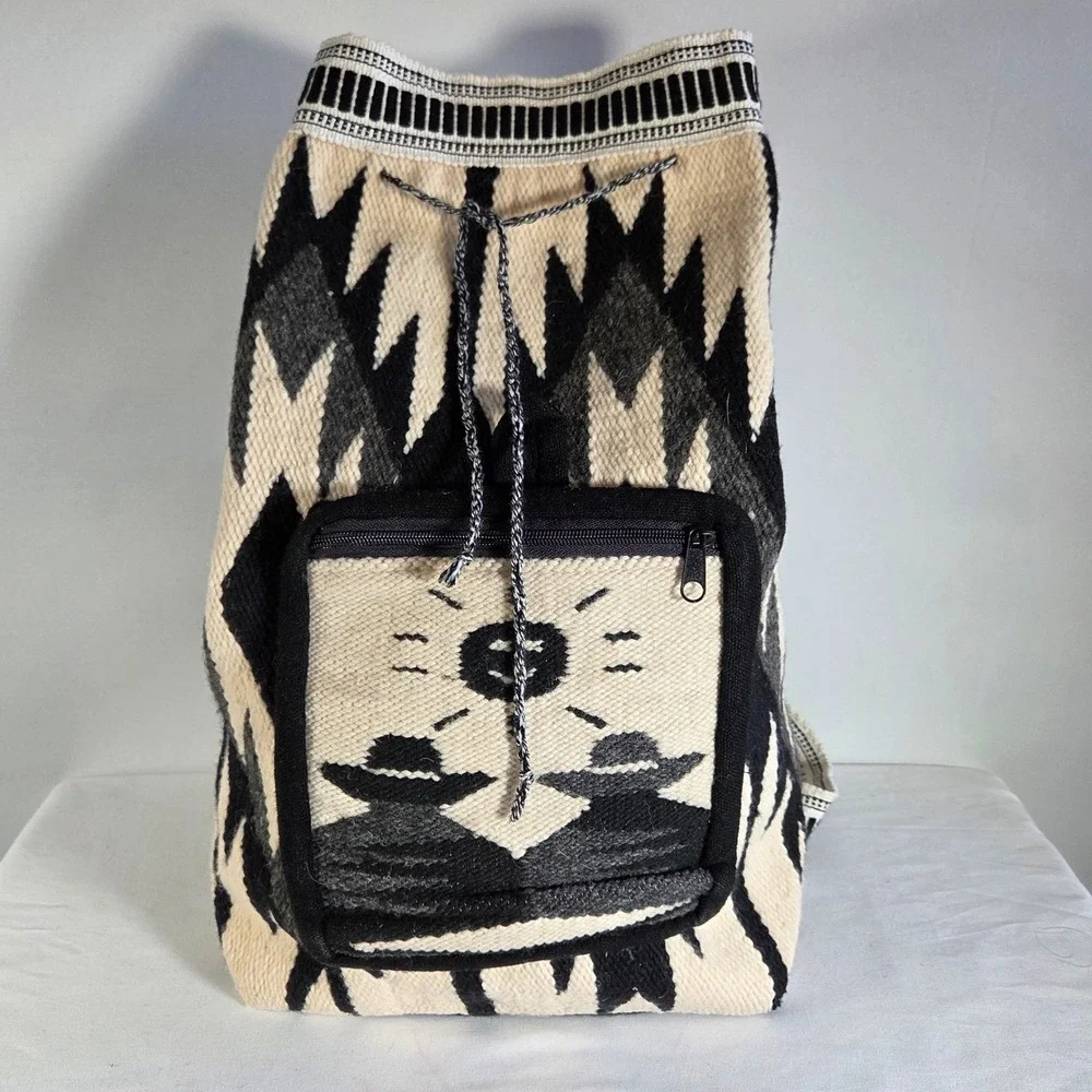 Vintage Southwestern Woven‎ Wool Backpack Cream Black Geometric Sun Folk Art Bag